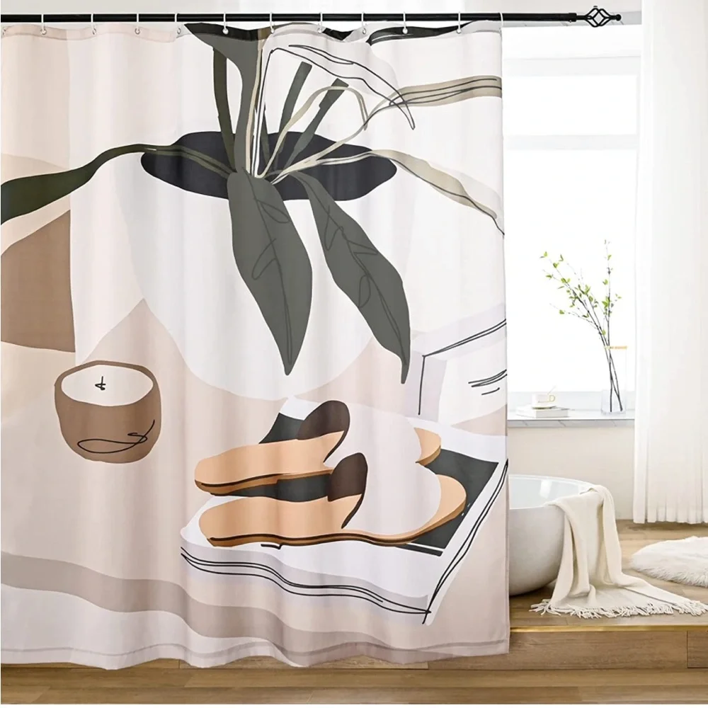 Abstract Shower Curtain, Boho Shower Hooks, Plant Leaves Pattern Boho Fabric 72”